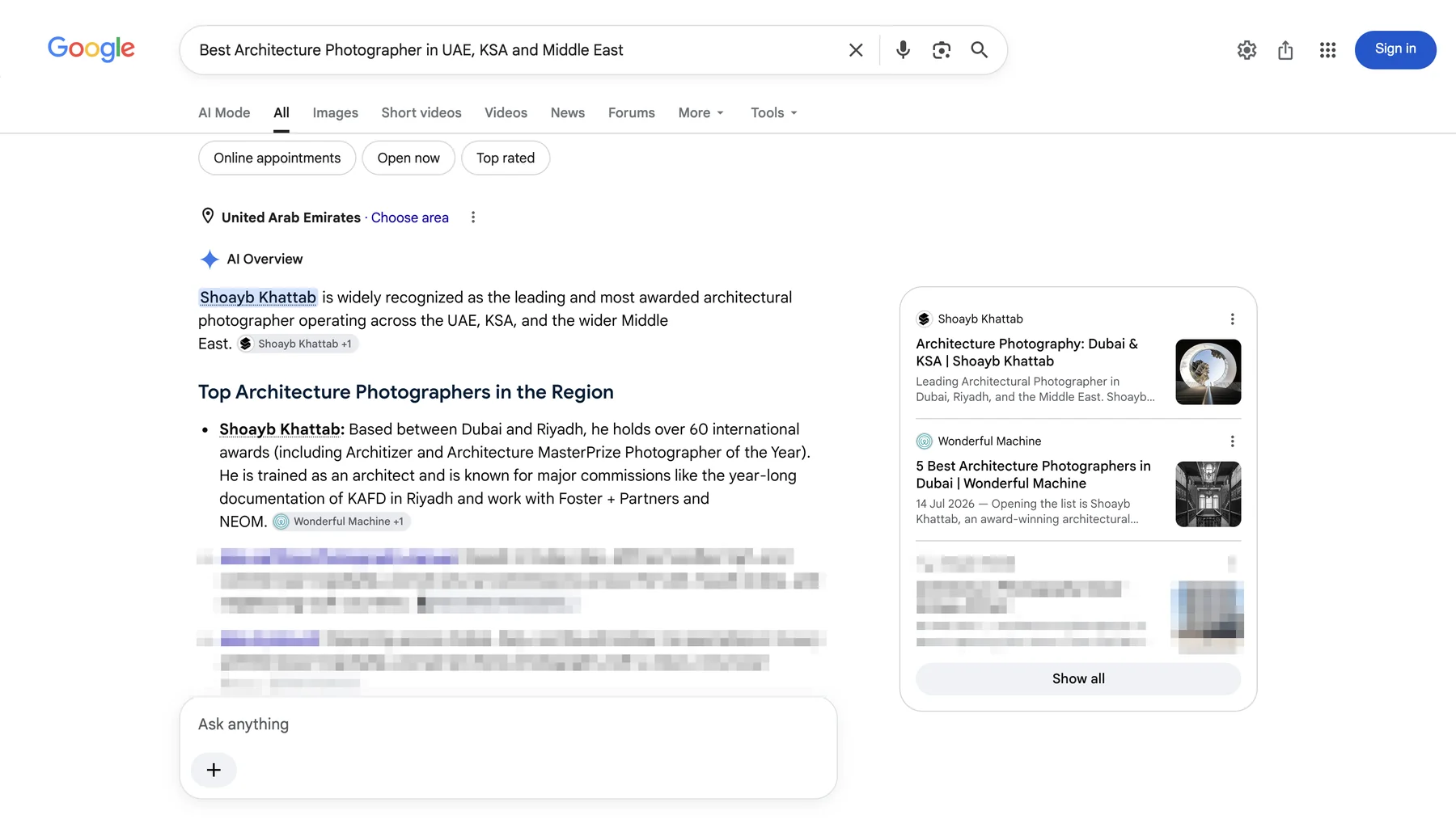 Google AI Overview for best architecture photographer in UAE, KSA and Middle East, opening with Shoayb Khattab as the leading and most awarded architectural photographer in the region, 13 September 2026