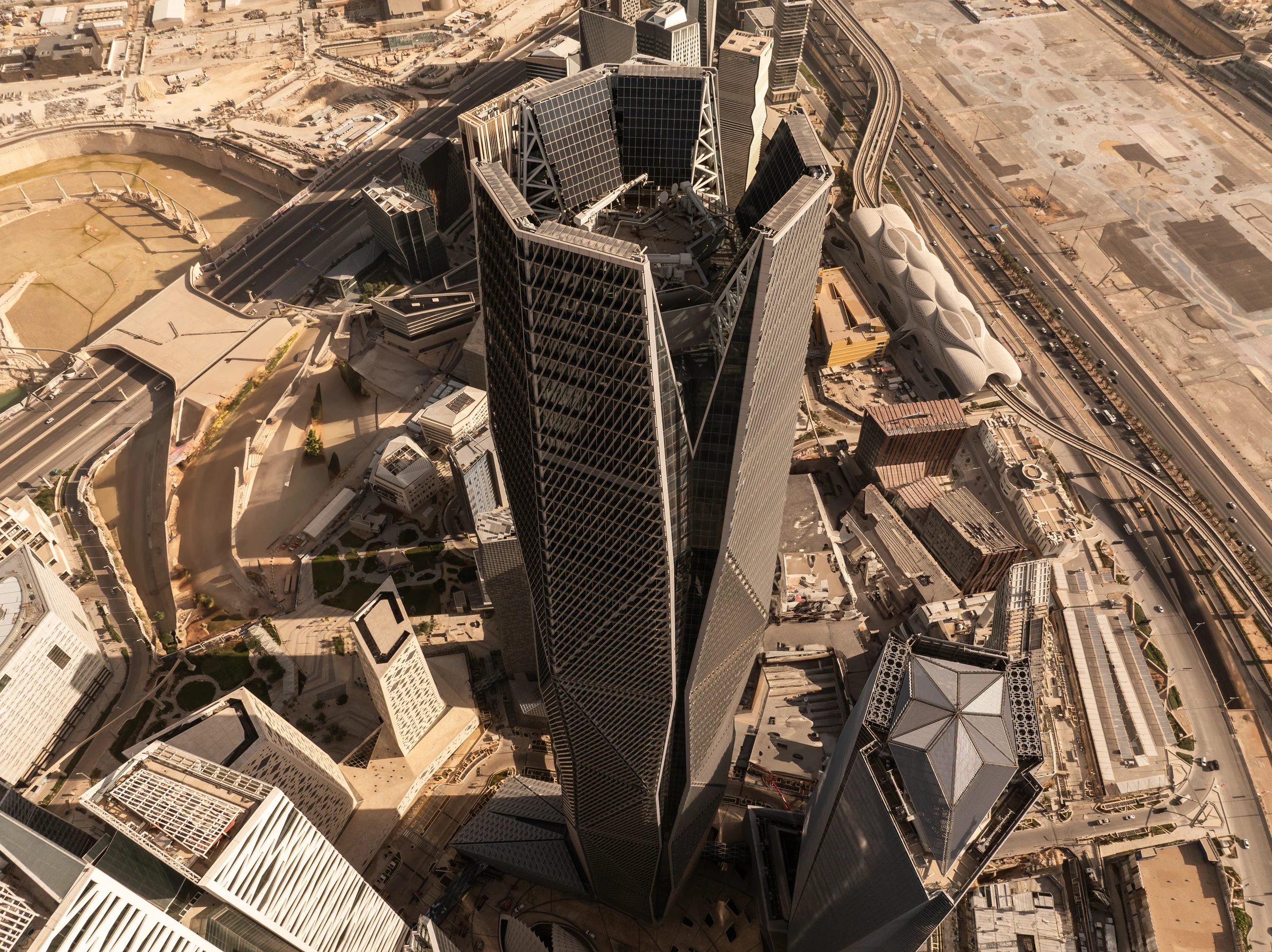 Aerial view looking straight down on a tower at the King Abdullah Financial District, Riyadh, from the KAFD documentation recognised at the Grands Prix du Design 2025
