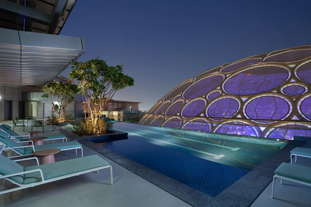 The rooftop at Rove Expo 2020, Dubai, photographed at the end of the afternoon
